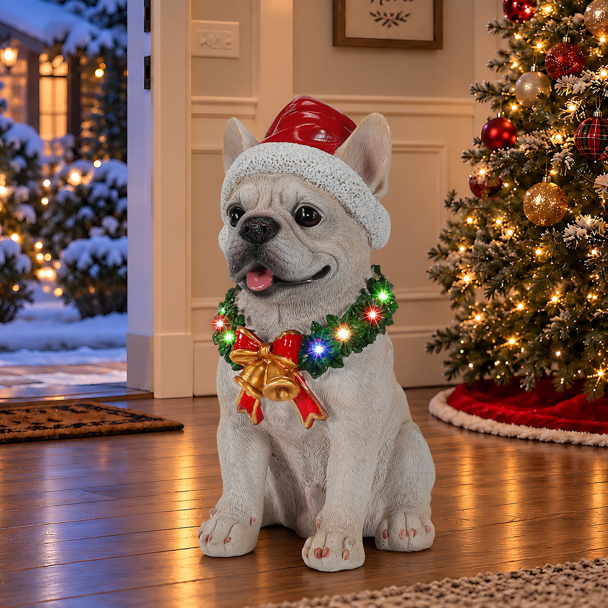Lighted Christmas French Bulldog Statue