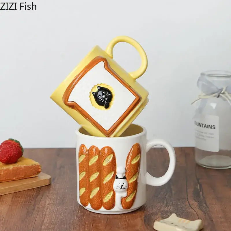 Yellow bread pattern ceramic cat mug kitchen toast cup