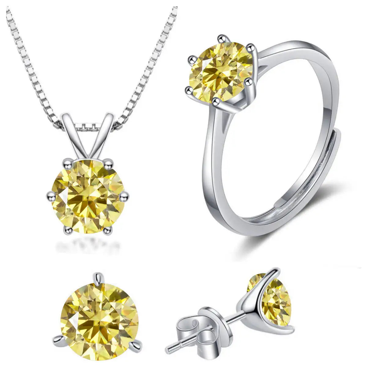 Colored Moissanite Necklace, Stud Earrings & Ring Set